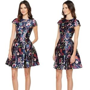 Ted Baker Pluxam Mini Blue Dress Folk Foliage Skater Size 2